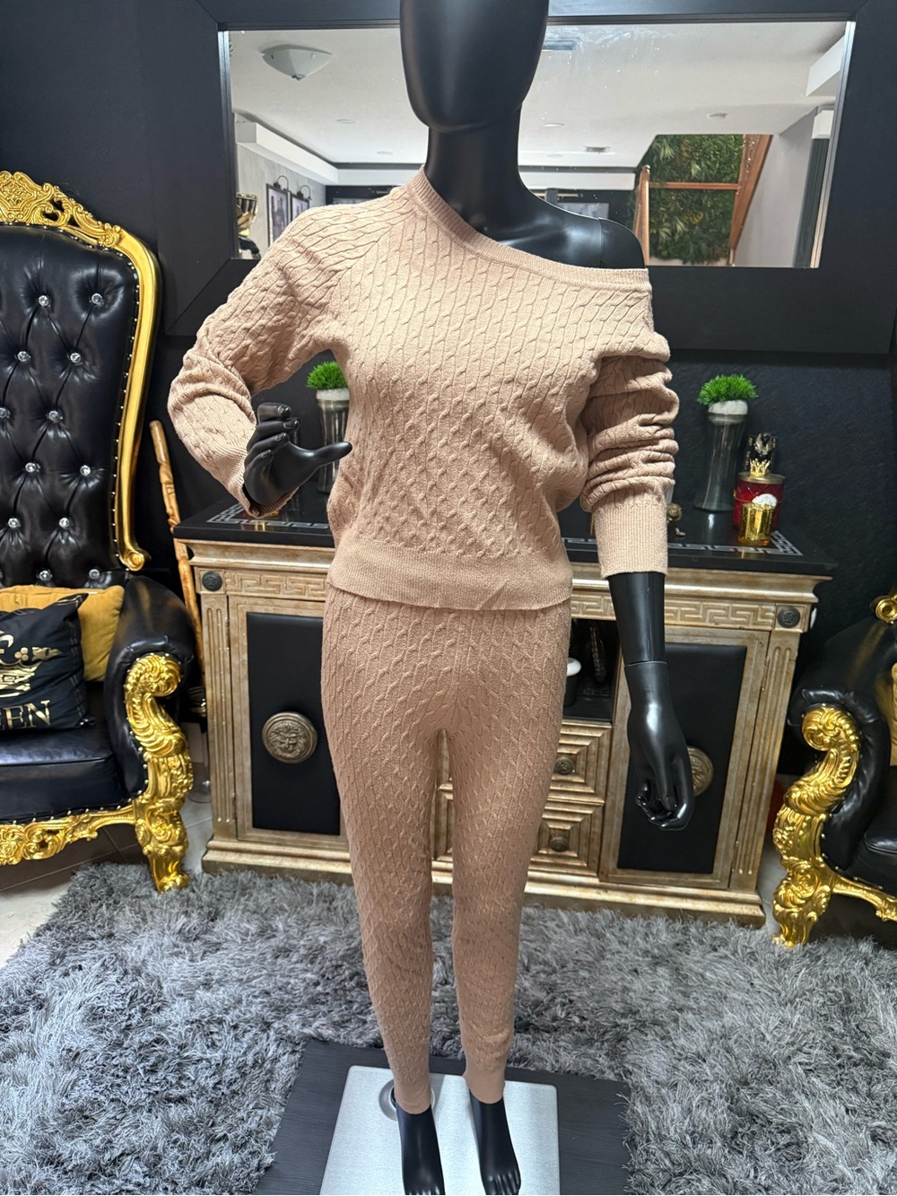 Cozy Cable Knit Off-Shoulder Sweater Jumpsuit - Taupe